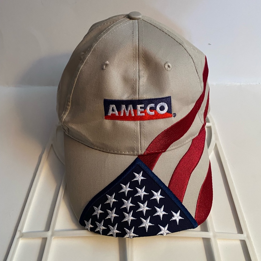 Preowned “Ameco” Baseball Style Hat. Stars and Stripes on Front and Side